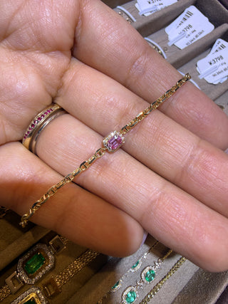 PULSERA HALO DE DIAMANTES NATURALES Y ZAFIRO ROSA 18K