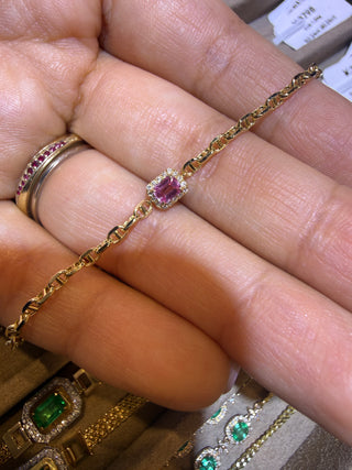 PULSERA HALO DE DIAMANTES NATURALES Y ZAFIRO ROSA 18K
